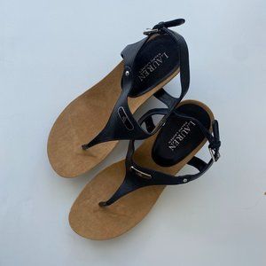 Lauren by Ralph Lauren | Ralla Black Leather Wedge Thong Sandals